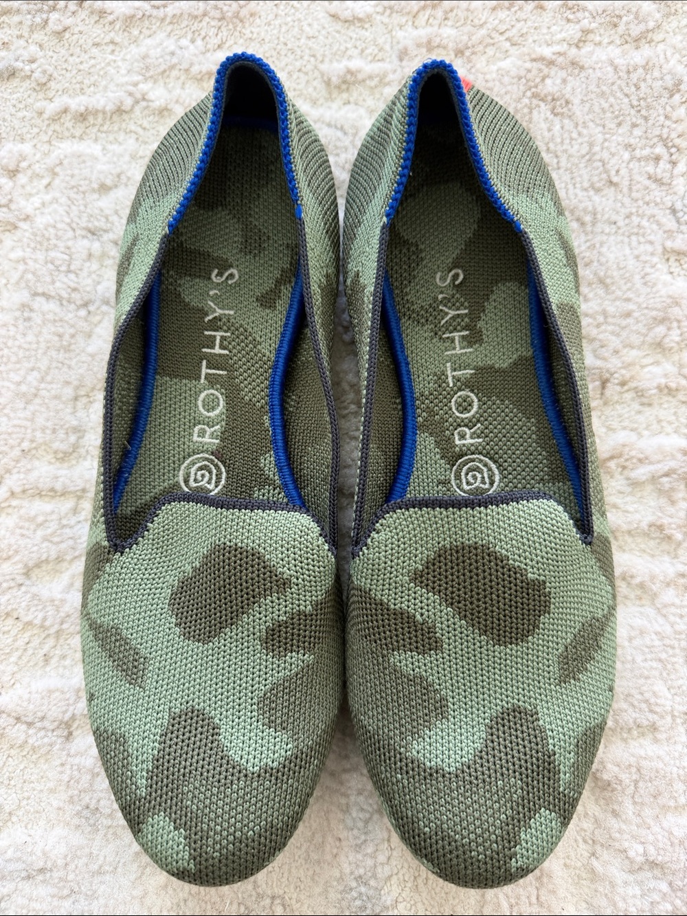 Rothy's Camo Green Slip-On Flats with Blue Trim